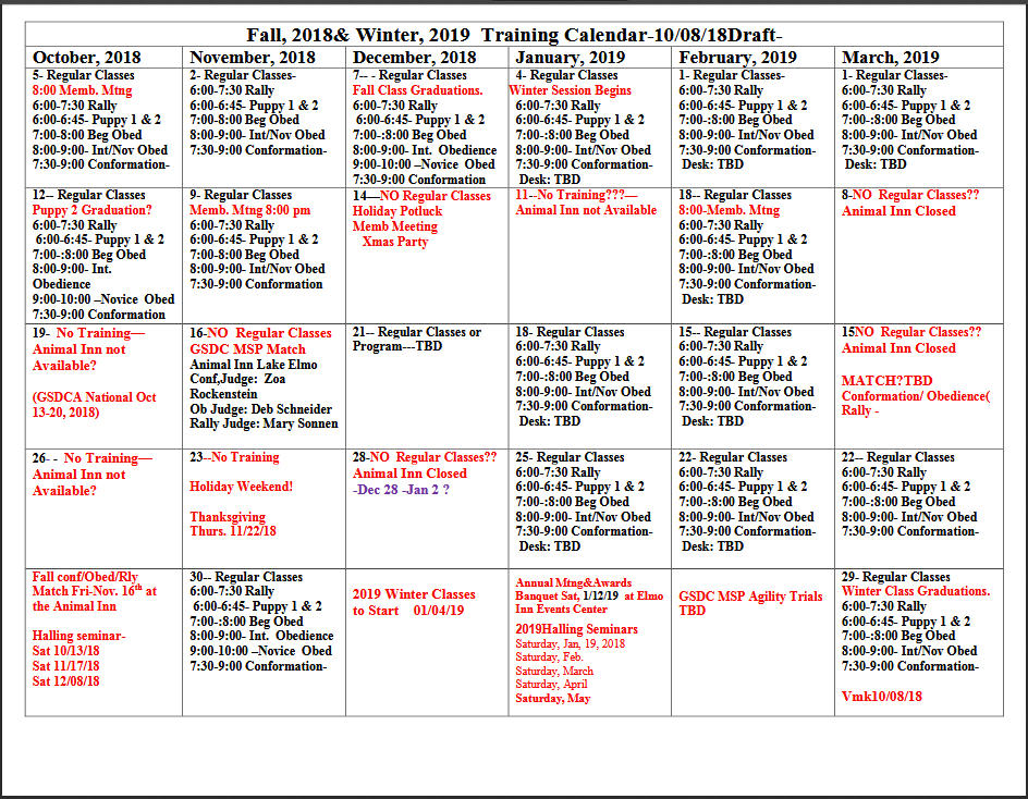 Calendar Display - Click for Printable Version Current Class Schedule